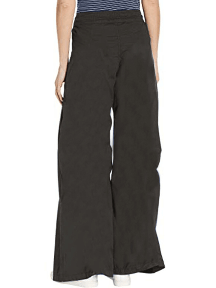 Women Solid Color Elastic Waist Loose Wide Leg Pants with Pocket