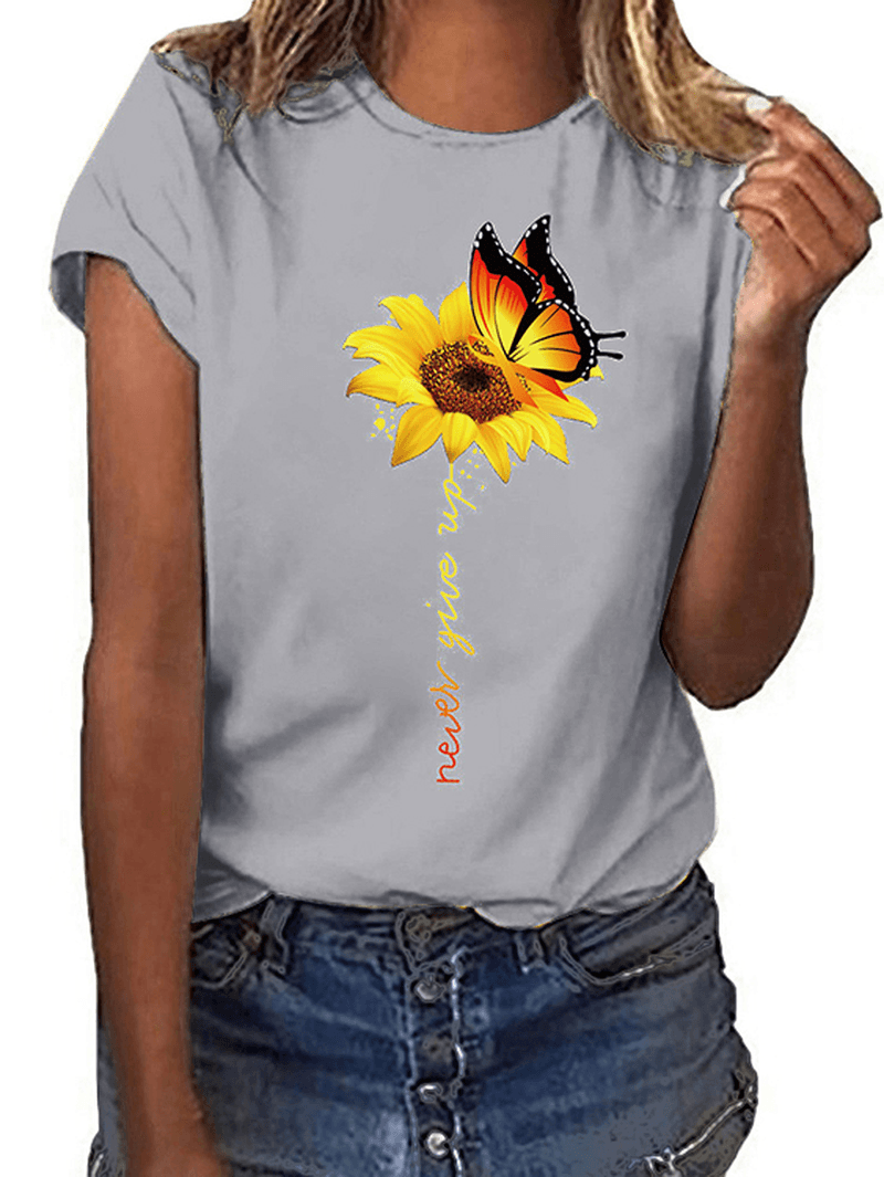 Sunflower and Butterfly Print Crew Neck Short Sleeves Casual Tee