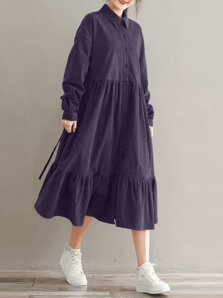 Women Corduroy Casuallace-Up Ruffles Hem Loose Full Sleeve Mid-Calf Length Midi Dress