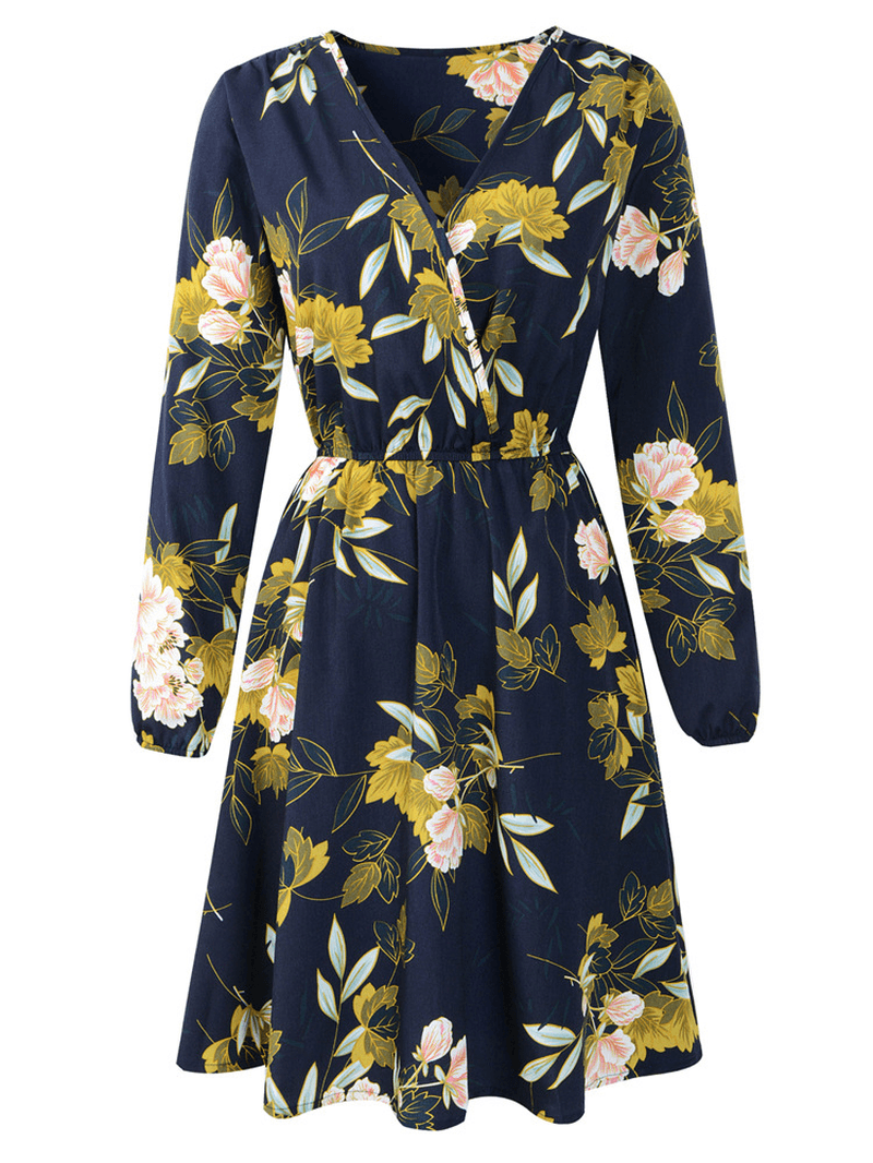 Women Long Sleeve V-Neck Floral Print Mini Dress