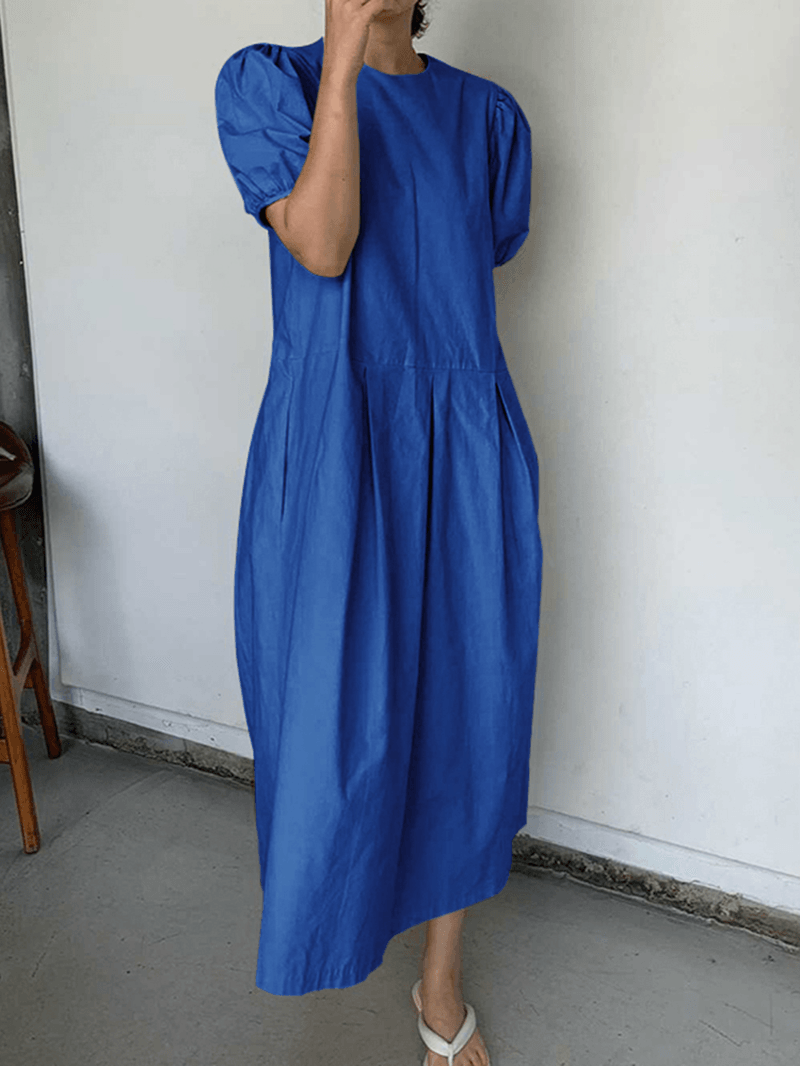 Casual Plain Round Neck Puff Sleeve Maxi Dress with Side Zipper and Pocket - Solid Stitching Maxi Dress for Summer