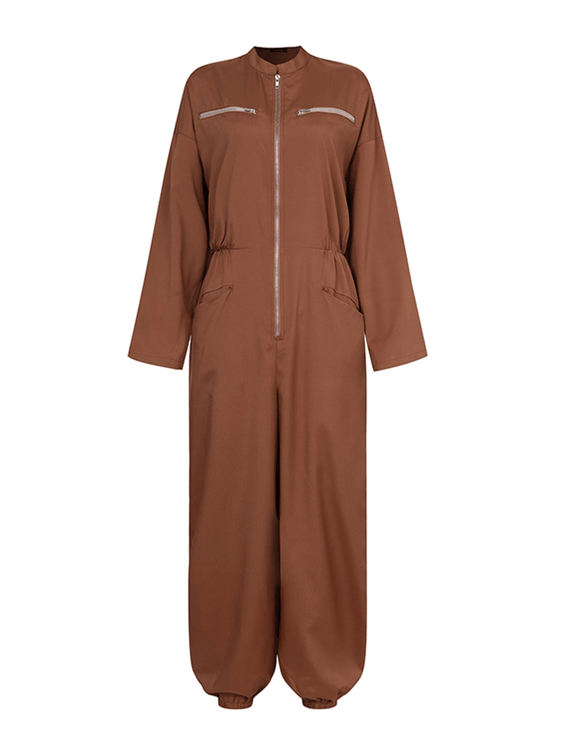 Women Zip Front Long Sleeve Beam Feet Cargo Solid Color Jumpsuits with Pocket