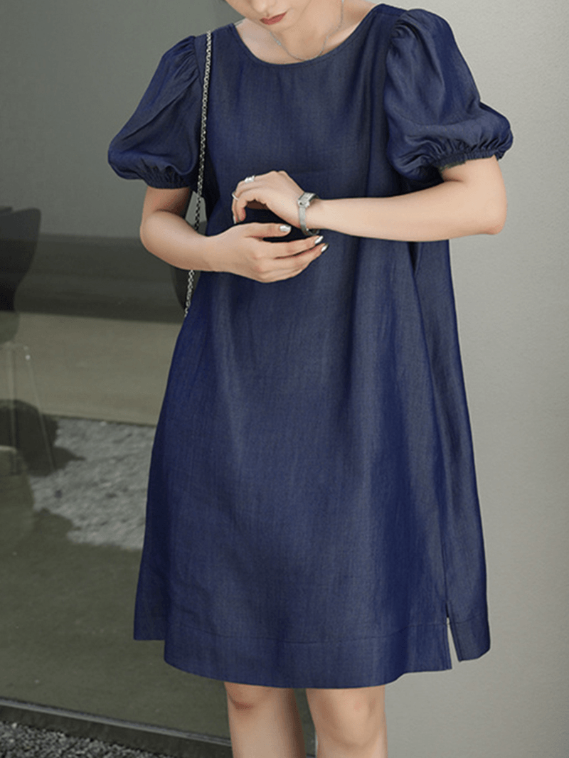 Solid Casual Crew Neck Puff Sleeve Pleated Plain A-Line Midi Dress