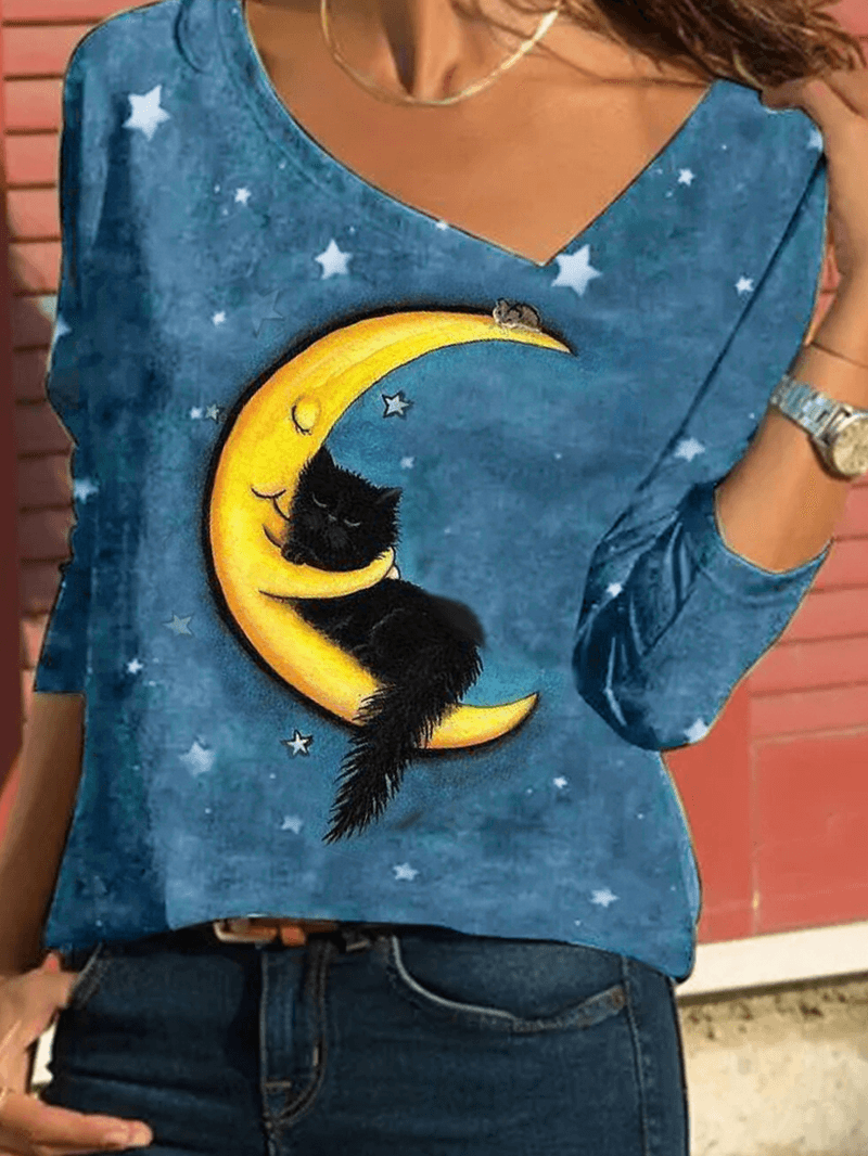 Women Cartoon Cat Starry Sky Print Asymmetrical Neck Casual Long Sleeve Blouses