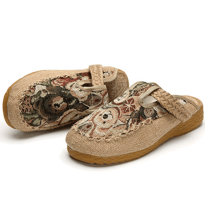 Women Flats Cartoon Flax Outdoor Embroidery Slipper