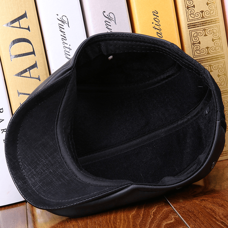 Leather Hat Men'S Sheepskin Ear Protection Leather Suede Beret