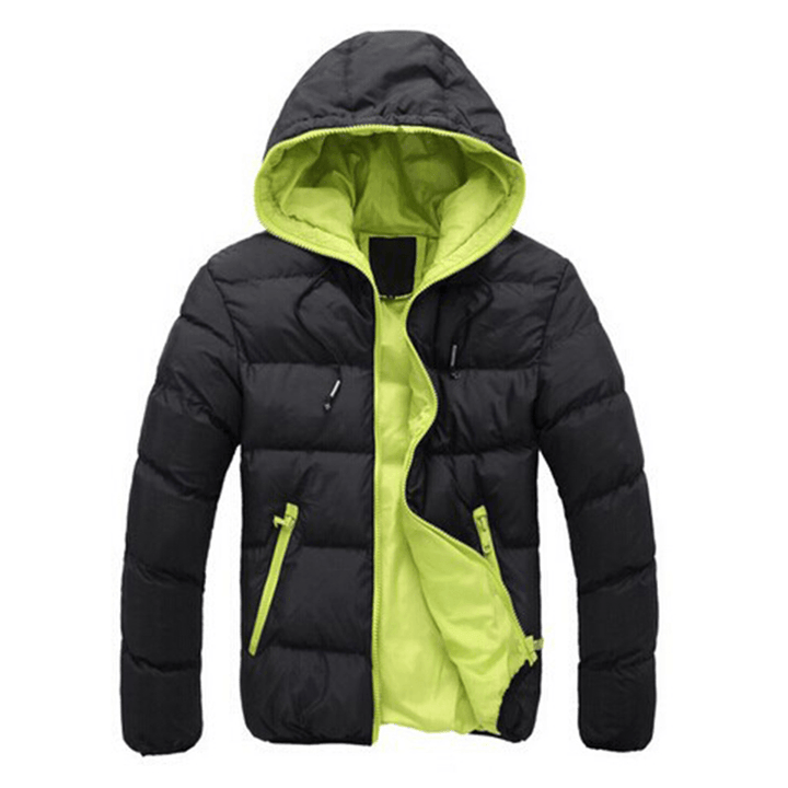 Mens Winter Thermal Contrast Color Outdoor Warm Hooded Padded Jacket