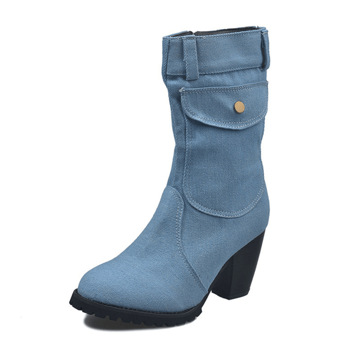 Women Retro Denim Cloth Side Zip Bag Decor Chunky Heel Mid Calf Boots