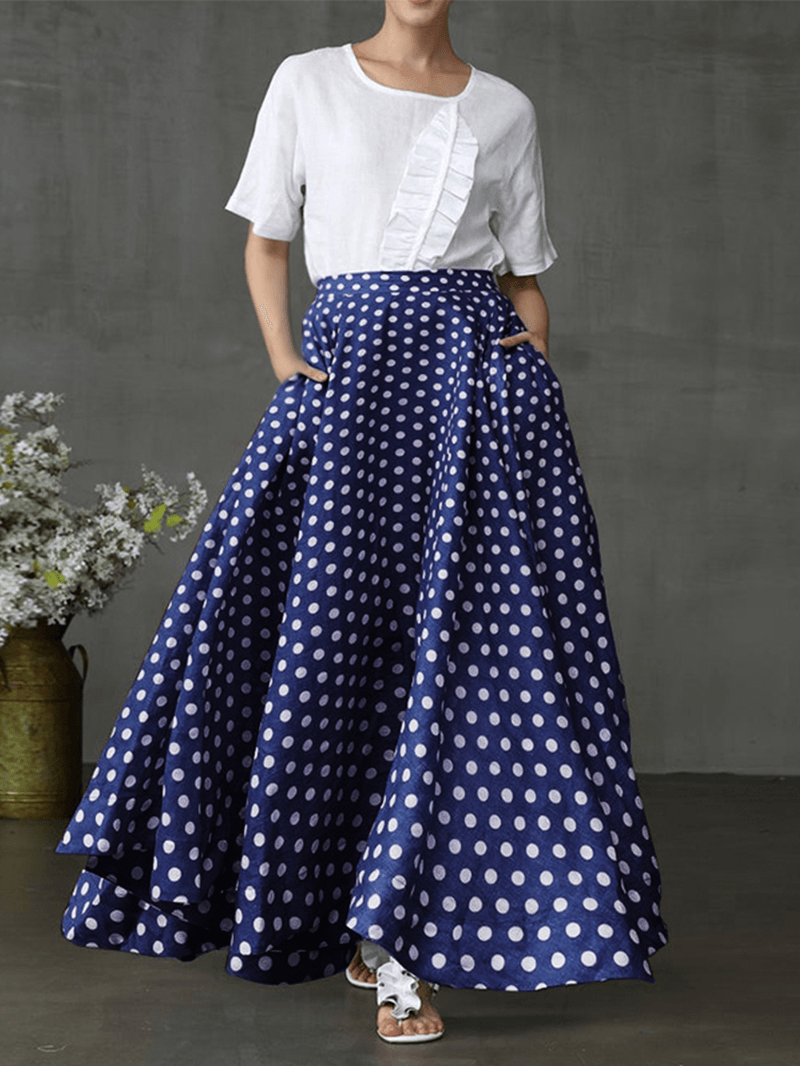 Women Polka Dot Print Loose Big Swing Side Pockets Casual Long Skirt - MRSLM