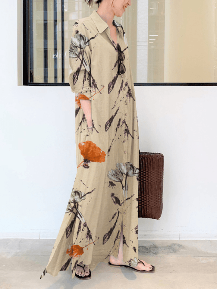 Floral Printed Lapel Collar Long Sleeve Button Split Hem Maxi Shirt Dress with Pocket