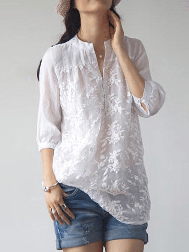 Women Floral Embroidery V-Neck 3/4 Sleeve Blouse