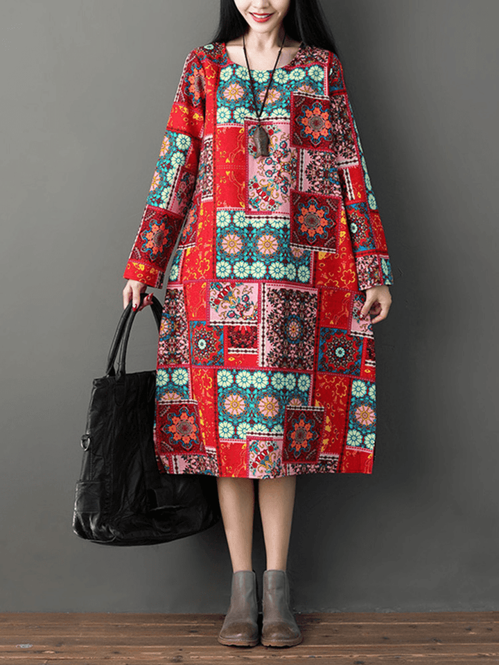 Women Casual Loose Printed O-Neck Long Sleeve Dress - MRSLM