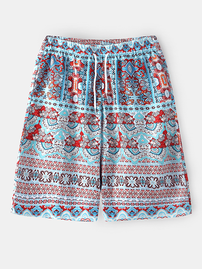 Mens Ethnic Style Print Drawstring Holiday Casual Shorts with Pocket