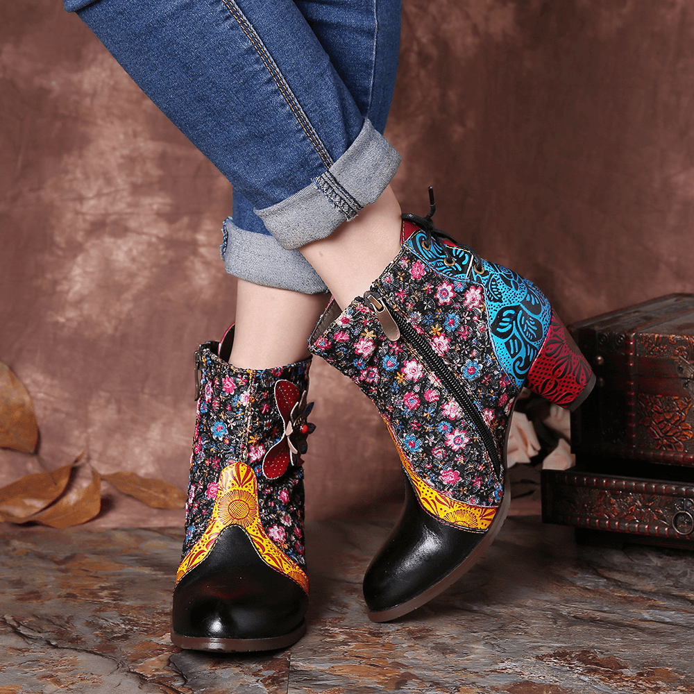 Women Retro Leaf Flower Leather Comfy Zipper Ankle Boots