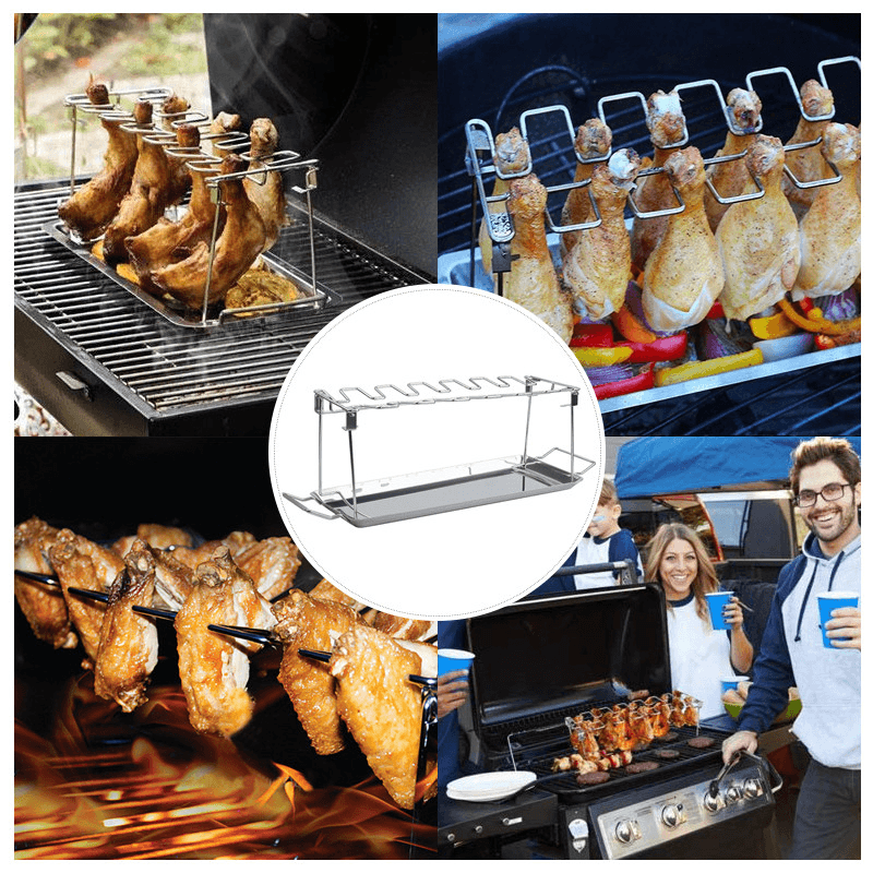 BBQ Grill Rack Beef Chicken Leg Wing Smoker Oven Roaster Stand 14 Slots Stainless Steel Barbecue Drumsticks Holder with Drip Pan Camping Picnic