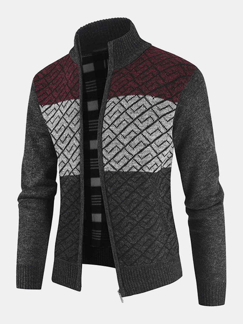 Mens Knitting Graphics Zipper Colorblock Warm Long Sleeve Sweater Jacket