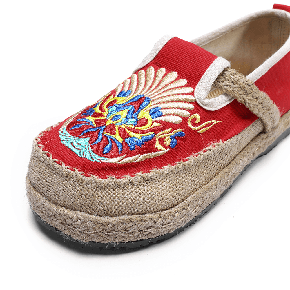 Women Linen Comfy Embroidery Straw Slip on Flat Loafers