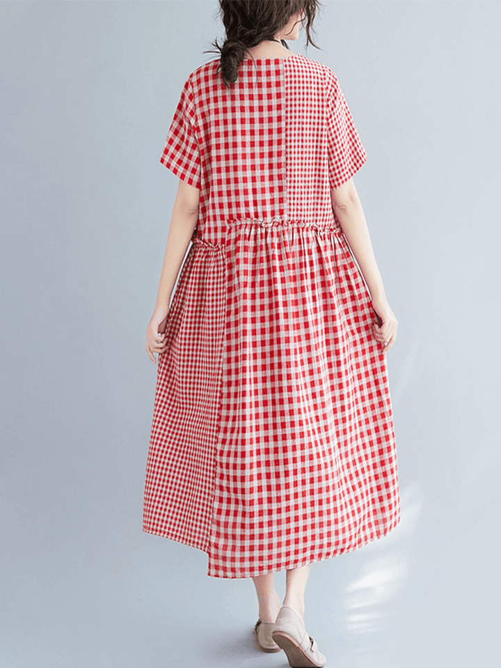 Vintage Cotton Linen Plaid Loose Dress