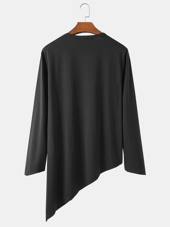 Mens Solid Color round Neck Long Sleeve Asymmetrical Hem Simple T-Shirts