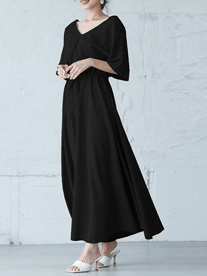 Solid Color V-Neck Drawstring Waist Short Sleeve Maxi Dress