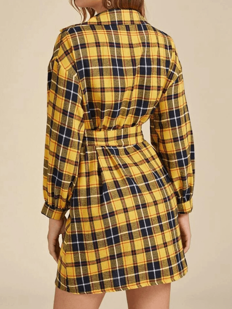 Chic Long Sleeved Lapel Belted Long Sleeve Plaid Shirt Dress for Women