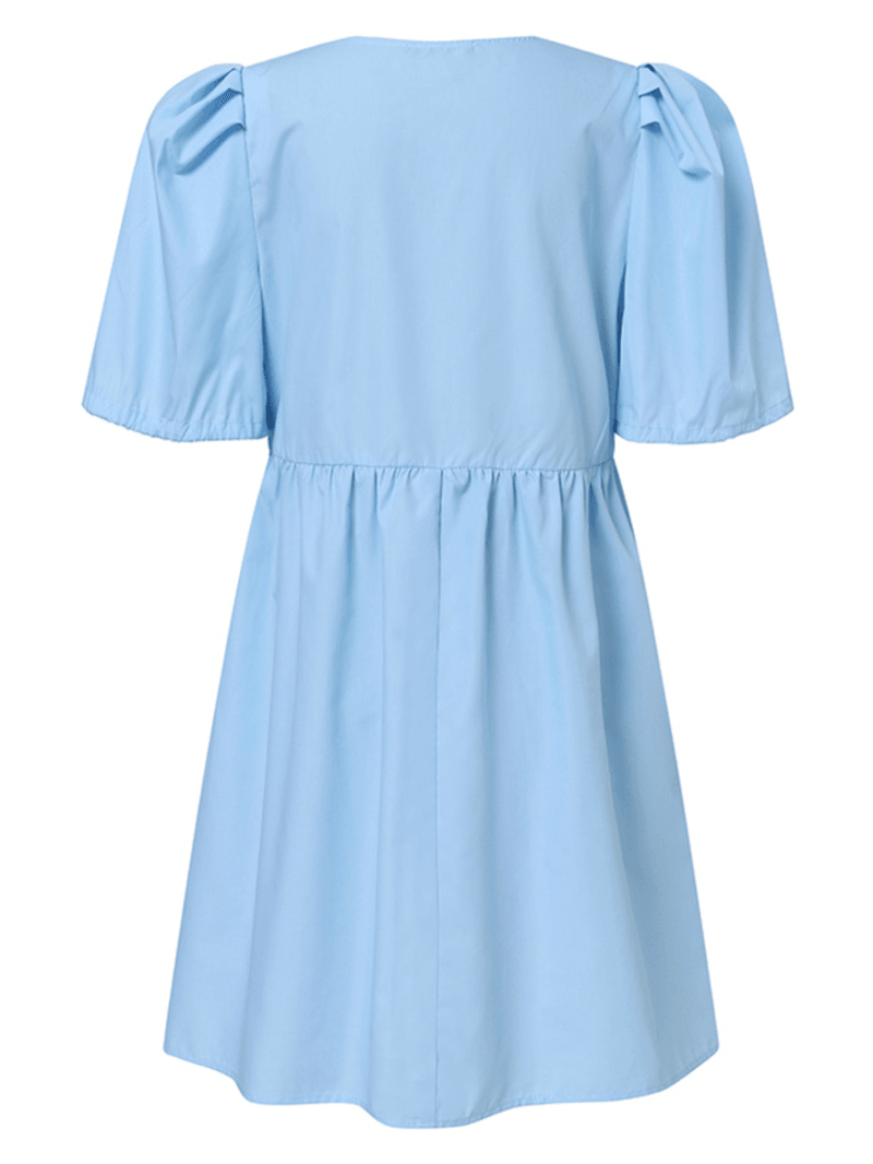 Women Solid Color Puff Sleeve V-Neck Pleats Plain Daily Casual Midi Dress