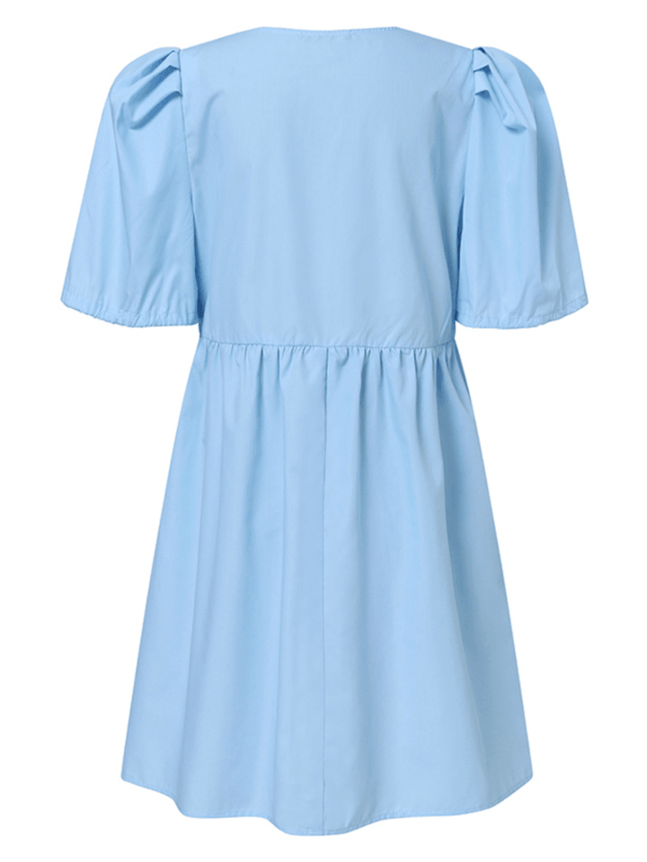 Women Solid Color Puff Sleeve V-Neck Pleats Plain Daily Casual Midi Dress