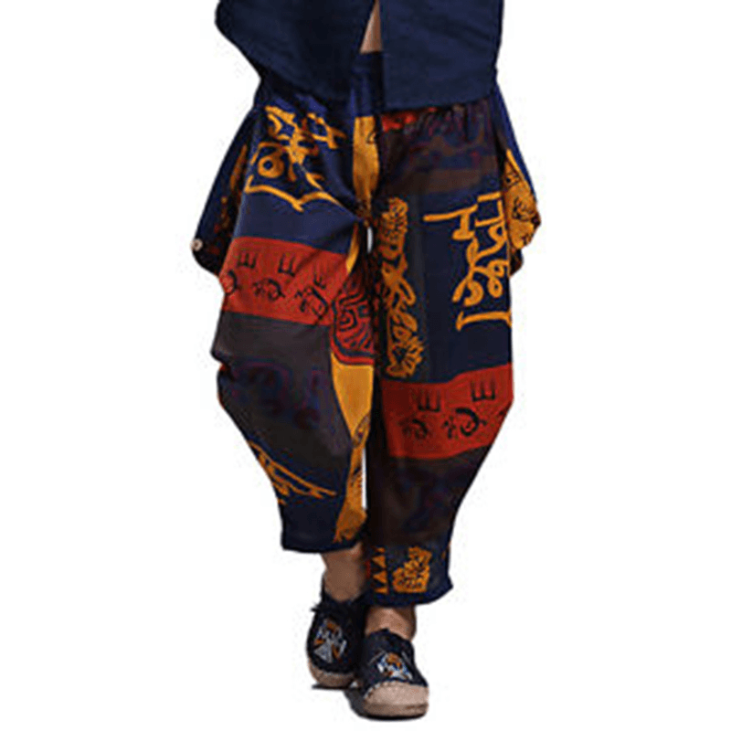 Mens Ethnic Printed Cotton Loose Baggy Bloomers Harem Pants