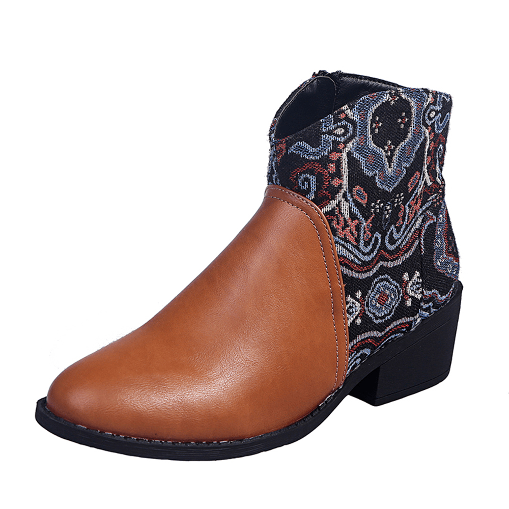 LOSTISY Retro Flower Cloth Stitching Comfy Wearable Side Zipper Block Heel Ankle Boots