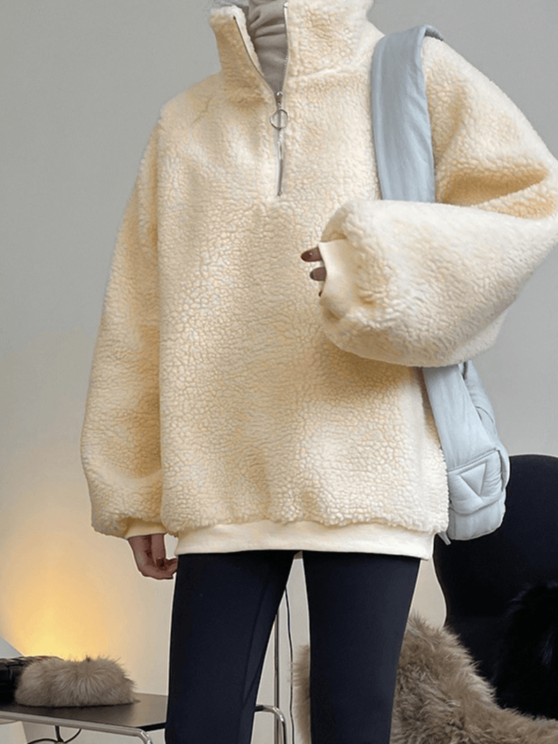 Women Fleece Casual Loose Solid Zipper Stand Collar Long Sleeve Pullover Sweatshirt