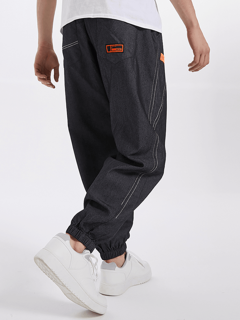 Mens Seam Detail Applique Elastic Ankle Loose Drawstring Pants