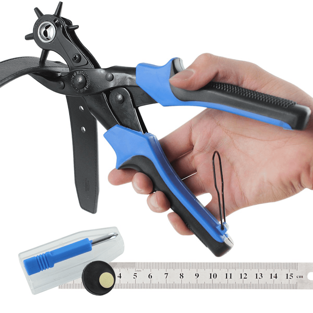 KA1 Heavy Duty Revolving Leather Belt Hole Punch Plier Tool with 2 Extra Punch Plates and Ruler Leather Craft Tool