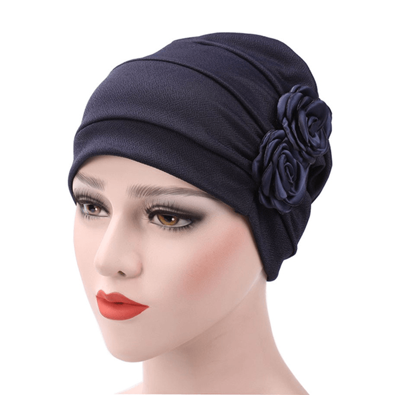 Womens New Side Paste Large Flower Solid Beanie Cap Casual Cotton Outdoor Bonnet Hat