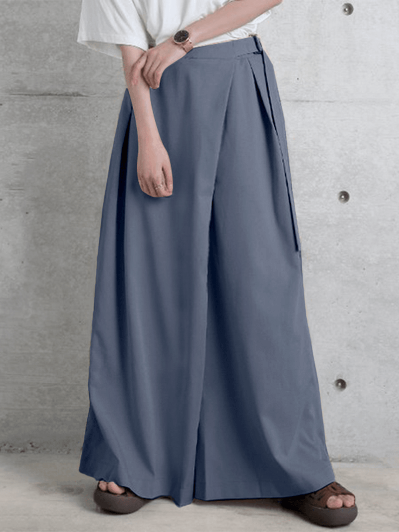 Women Side Zipper Solid Color Casual Wide Leg Pants with Pocket