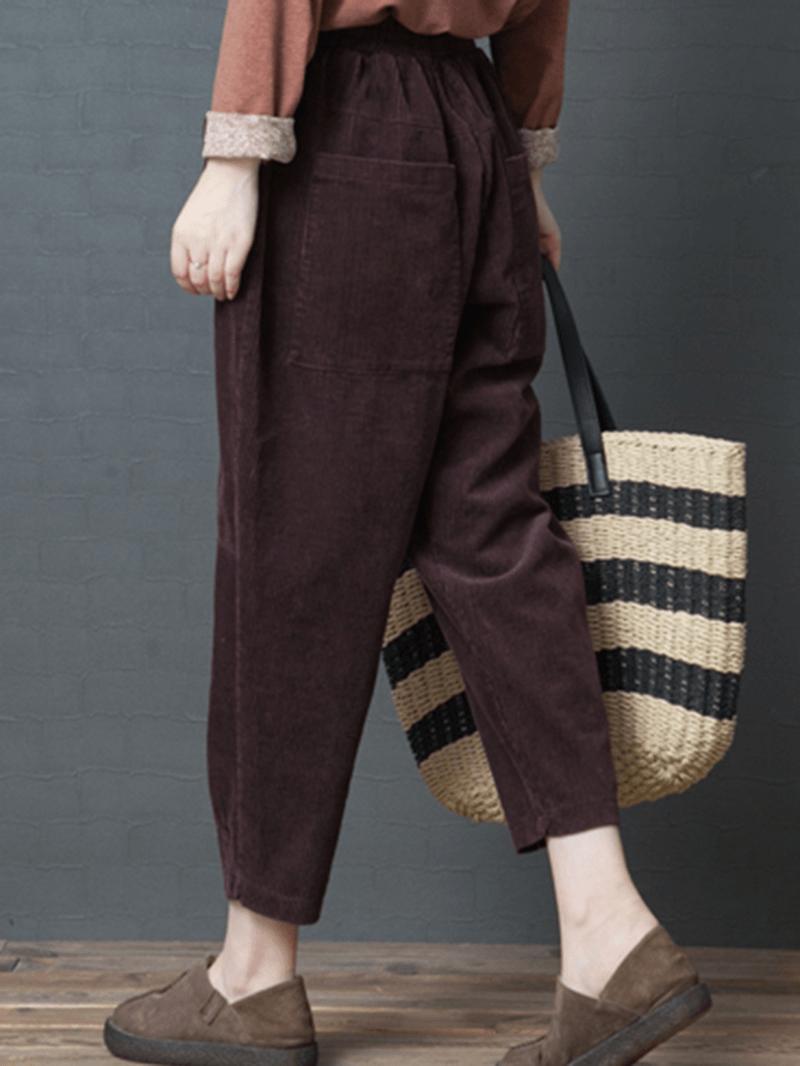 Women Elastic Waist Pocket Corduroy Pants