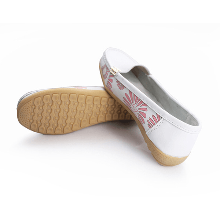 Women Flats Shoes Comfortable Slip-On Soft Casual Flower Floral Leather Loafers Flats Shoes