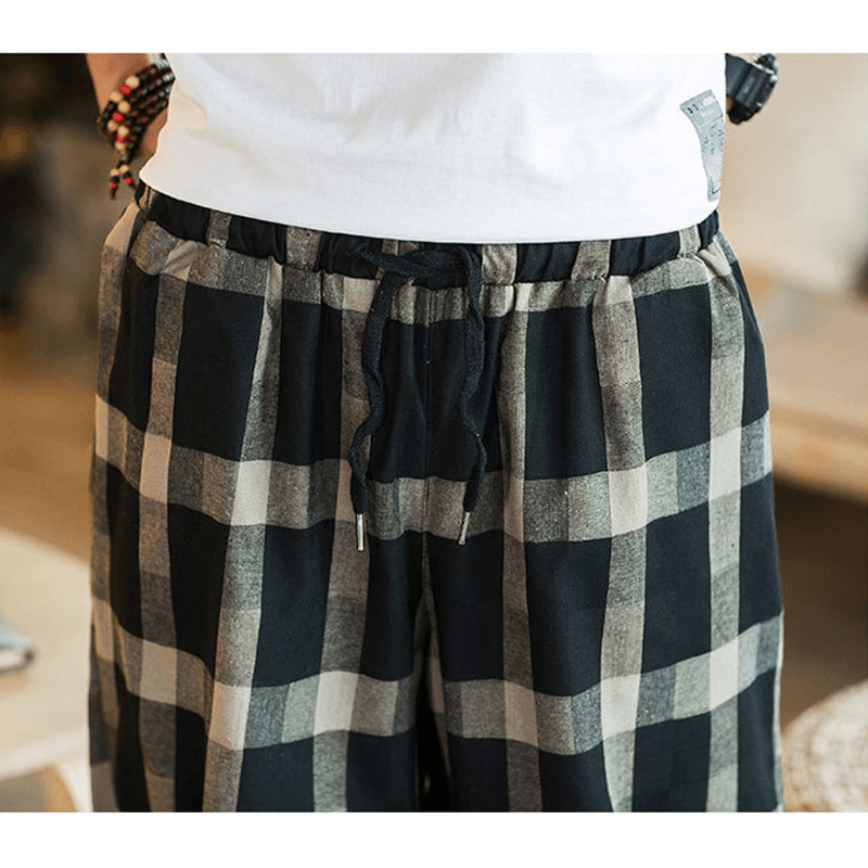 Mens Plaid Cotton Linen Loose Drawstring Calf-Length Casual Harem Pants