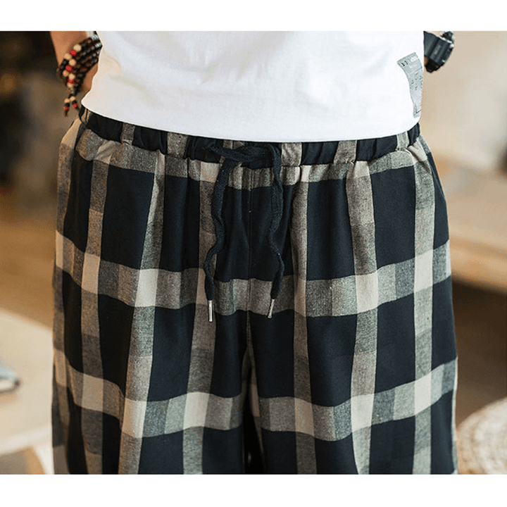 Mens Plaid Cotton Linen Loose Drawstring Calf-Length Casual Harem Pants