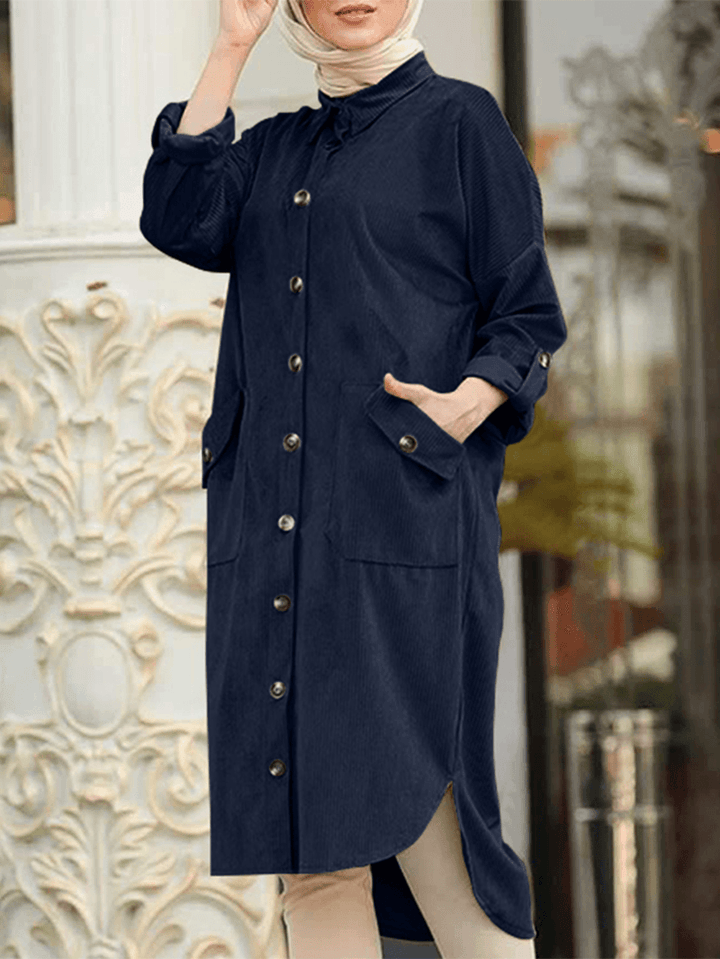 Women Corduroy Solid Moslem Style Collared Raglan Button Front High Low Dress