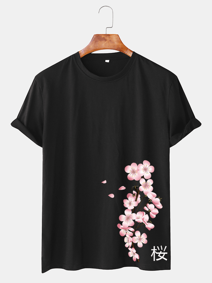 Mens Cherry Print Japanese Style O-Neck Short Sleeve T-Shirt