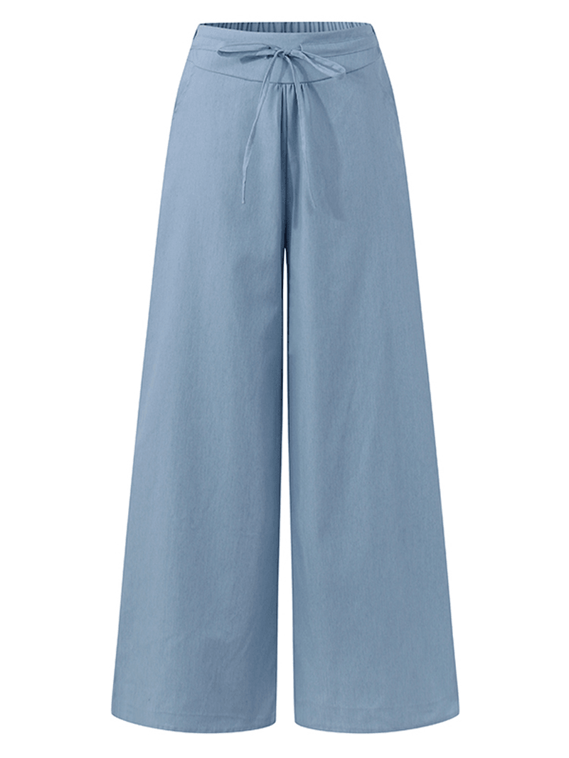 Women Solid Color Elastic Waist Cotton Casual Loose Wide Leg Pants