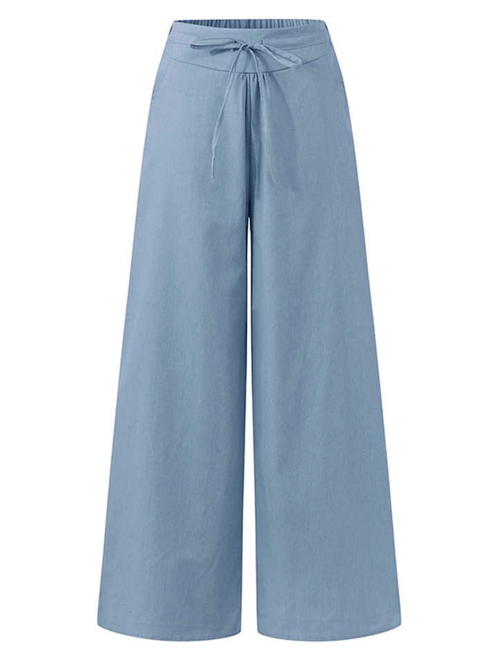 Women Solid Color Elastic Waist Cotton Casual Loose Wide Leg Pants