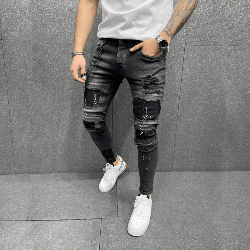 Men'S New Patch Ripped Elastic Skinny Jeans