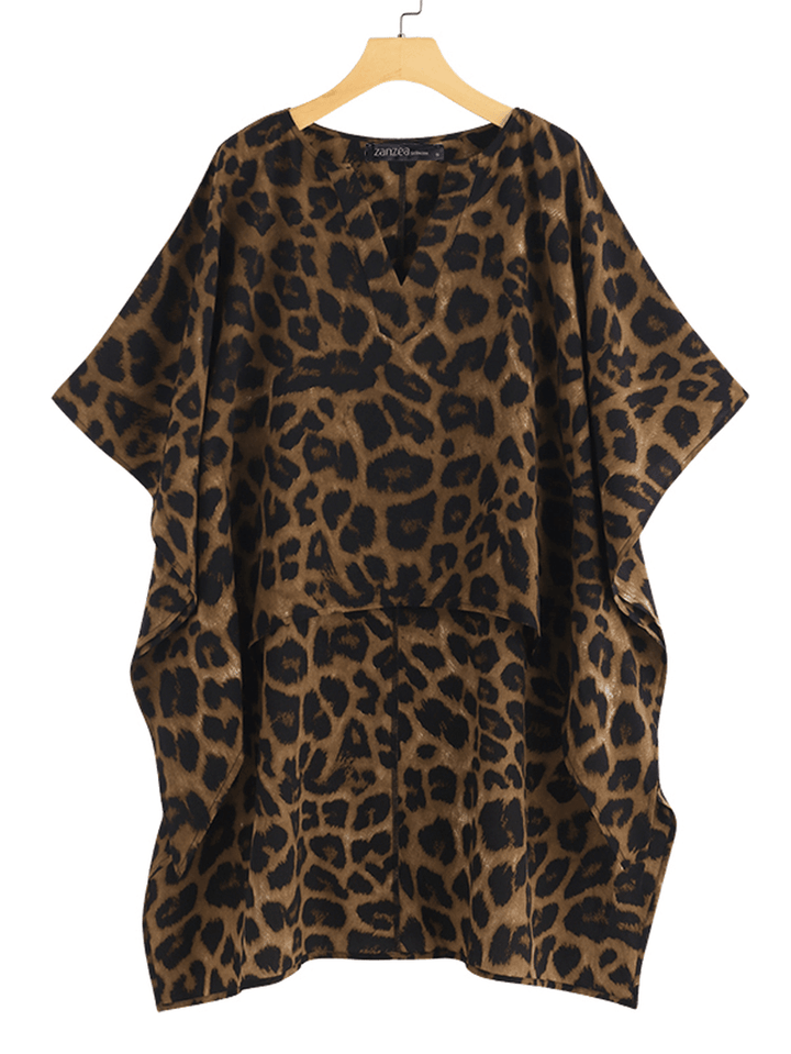 Women Leopard Print Irregular Hem V-Neck Casual Blouse