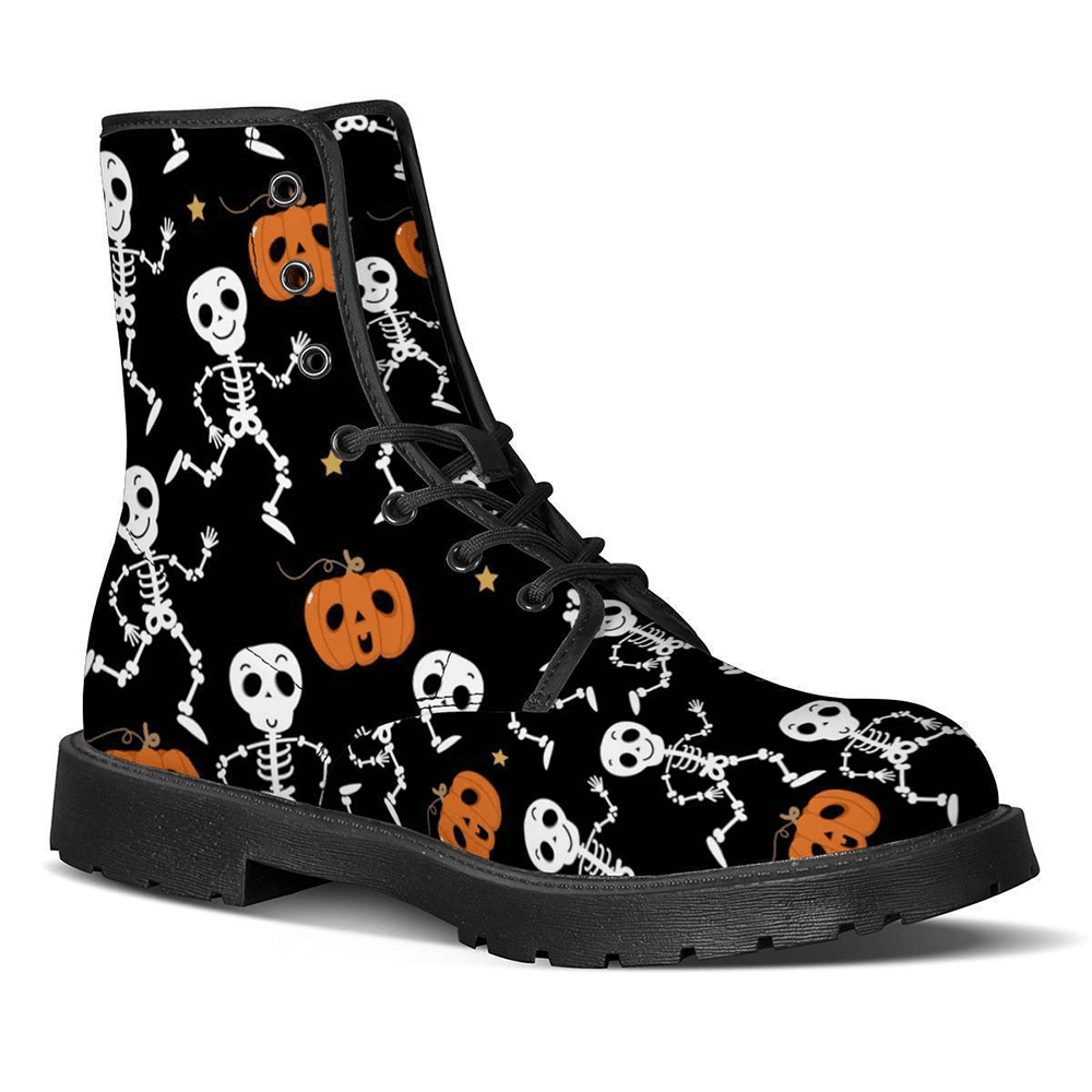 Halloween Women Funny Skeleton Pumpkin Printing Soft Rubber Non-Slip Outsole Martin Boots