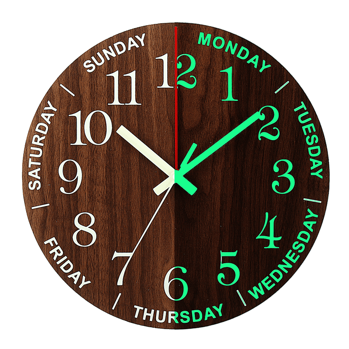 12 Inch Luminous Wall Clock Wooden Silent Non-Ticking Clock with Night Light