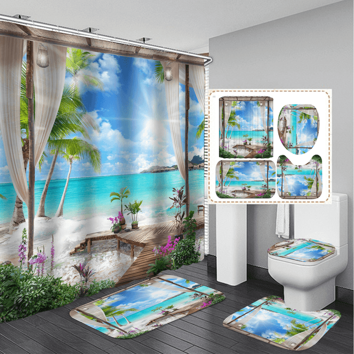 1/3Pcs Shower Curtain Set Bay Printing Toilet Cover Mat Bathroom Non-Slip Mat