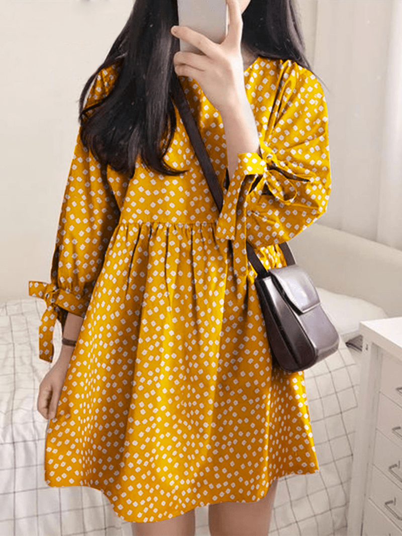 Women Cotton Polka Dot Pleat round Neck Loose Casual Mini Dress - MRSLM