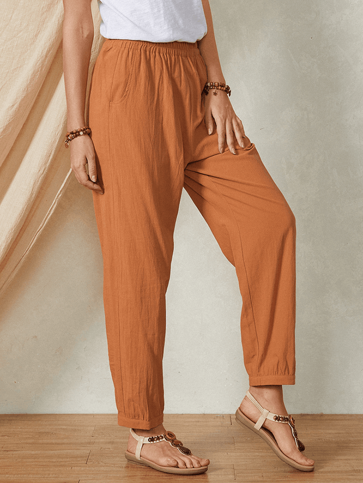 Plain Solid Color Elastic Waist Casual Cotton Women Pants