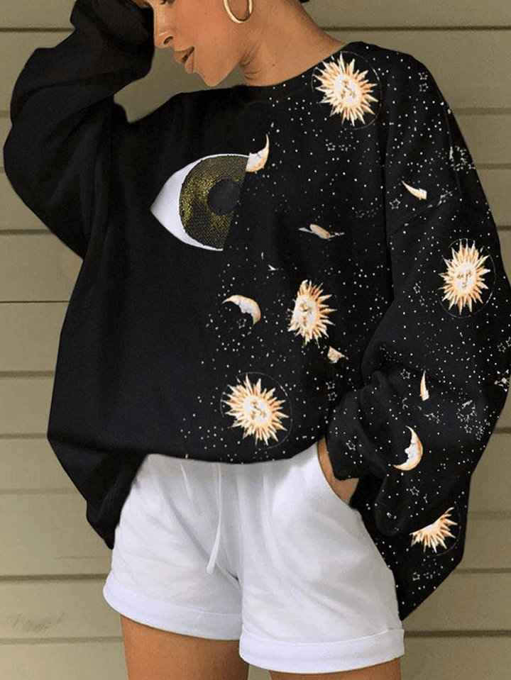 Women Starry Sky & Eye Graphics Patchwork Black Pullover Loose Sweatshirts